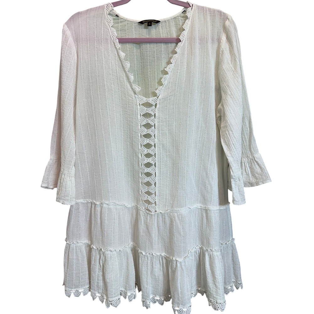 Spiaggia Dolce Womens White Cotton Gauze Tiered Boho Tunic Top Crochet Swim L